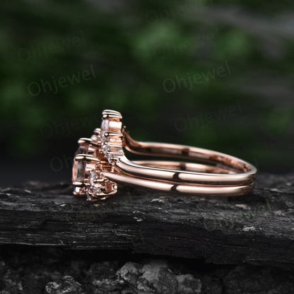 Vintage round cut green moss agate ring unique cluster engagement ring set 14k rose gold silver marquise diamong ring women promise ring her