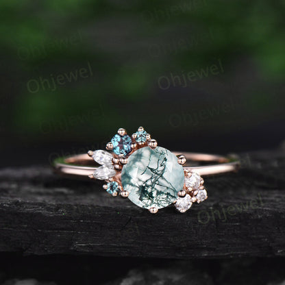 Vintage round cut green moss agate ring unique cluster engagement ring set 14k rose gold silver marquise diamong ring women promise ring her