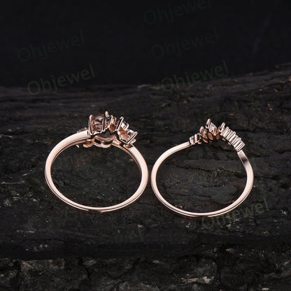 Vintage round cut green moss agate ring unique cluster engagement ring set 14k rose gold silver marquise diamong ring women promise ring her