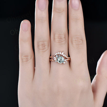 Vintage round cut green moss agate ring unique cluster engagement ring set 14k rose gold silver marquise diamong ring women promise ring her