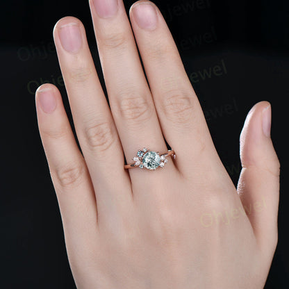 Vintage round cut green moss agate ring unique cluster engagement ring set 14k rose gold silver marquise diamong ring women promise ring her