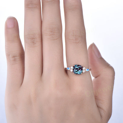 Vintage cushion cut Alexandrite engagement ring 14k rose gold marquise cut moonstone ring silver diamond promise anniversary ring for women