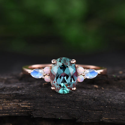 Oval cut Alexandrite ring rose gold vintage unique engagement ring set marquise cut moonstone ring opal ring silver wedding ring set women