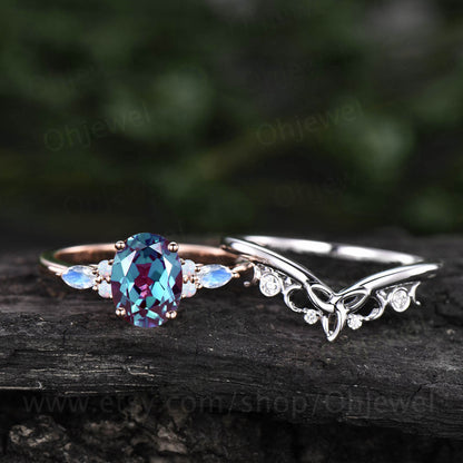 Oval cut Alexandrite ring rose gold vintage unique engagement ring set marquise cut moonstone ring opal ring silver wedding ring set women