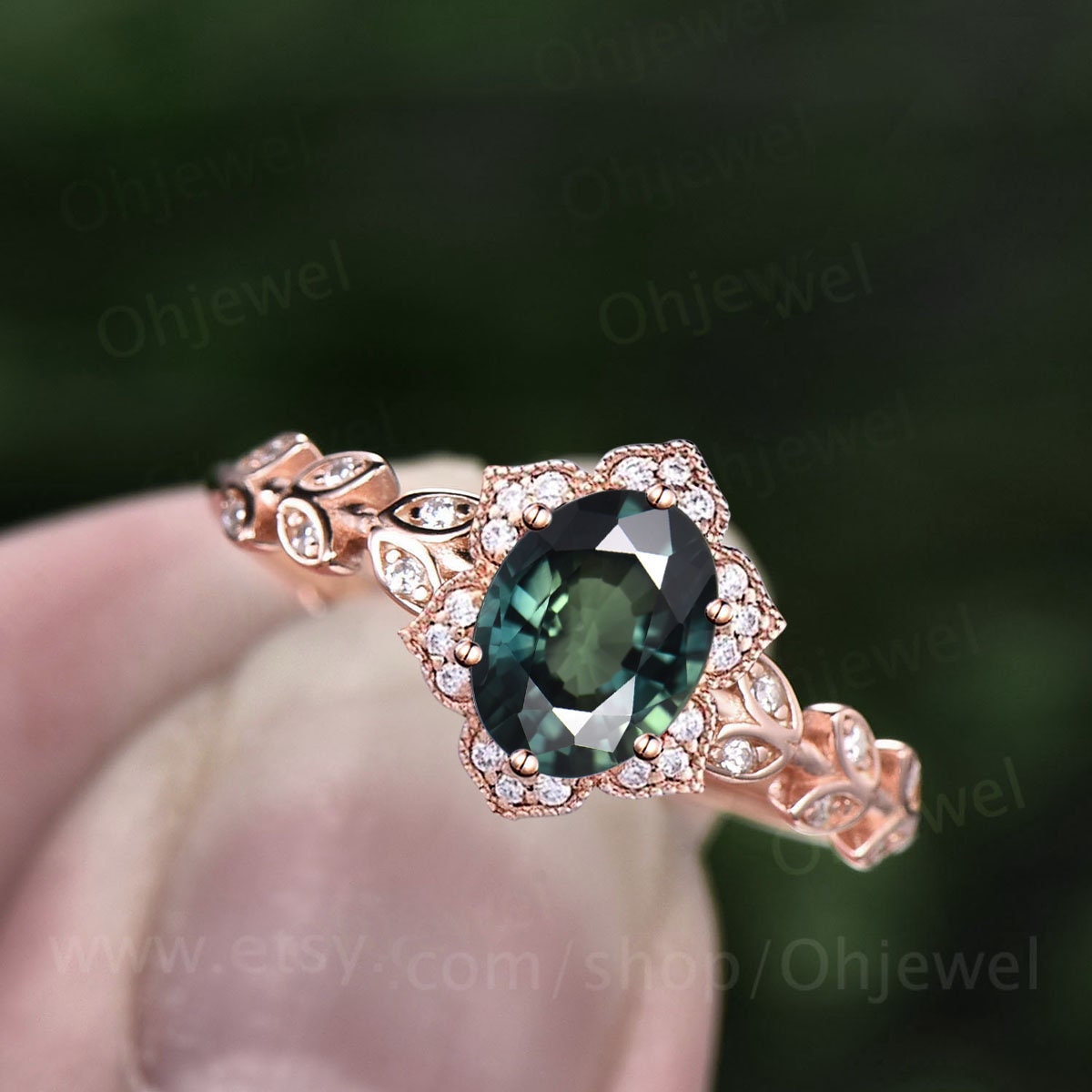 Vintage oval cut green teal sapphire engagement ring art deco flower leaf halo diamond ring 14k rose gold unique wedding promise ring women