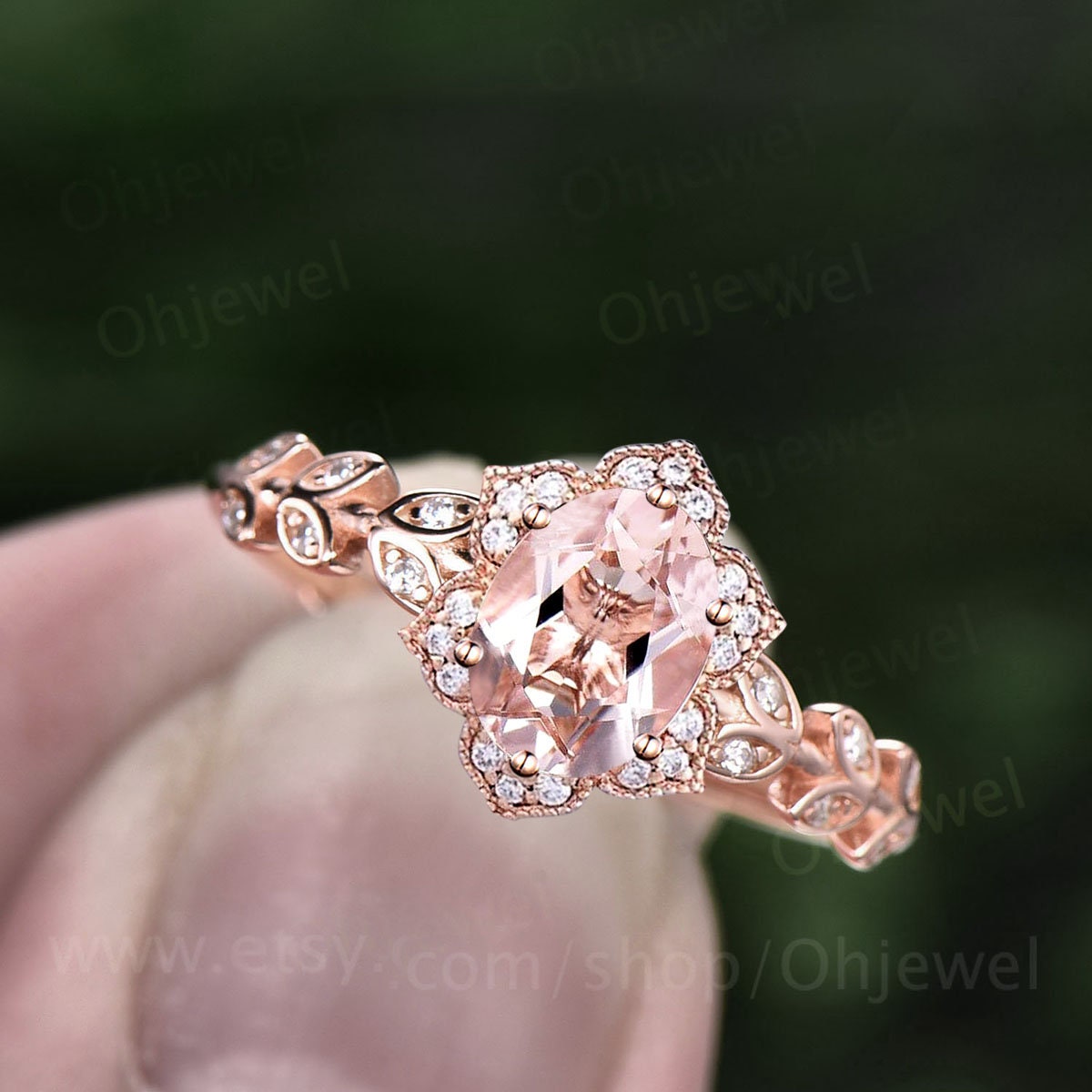 Vintage oval cut morganite engagement ring art deco flower leaf halo diamond ring 14k rose gold unique bridal wedding promise ring women