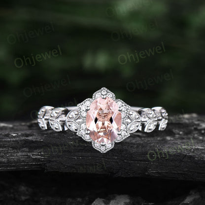 Vintage oval cut morganite engagement ring art deco flower leaf halo diamond ring 14k rose gold unique bridal wedding promise ring women