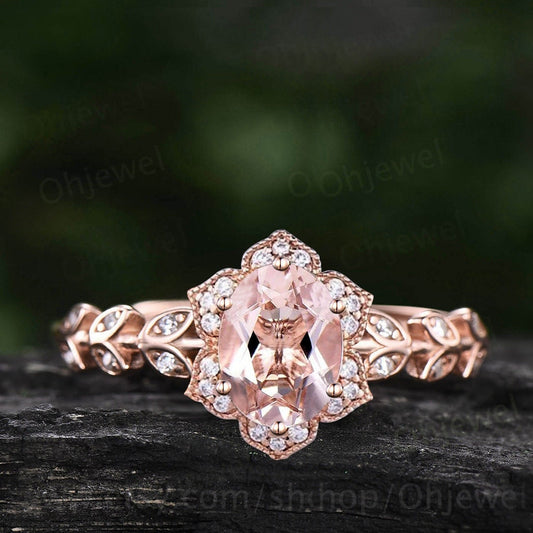 Vintage oval cut morganite engagement ring art deco flower leaf halo diamond ring 14k rose gold unique bridal wedding promise ring women