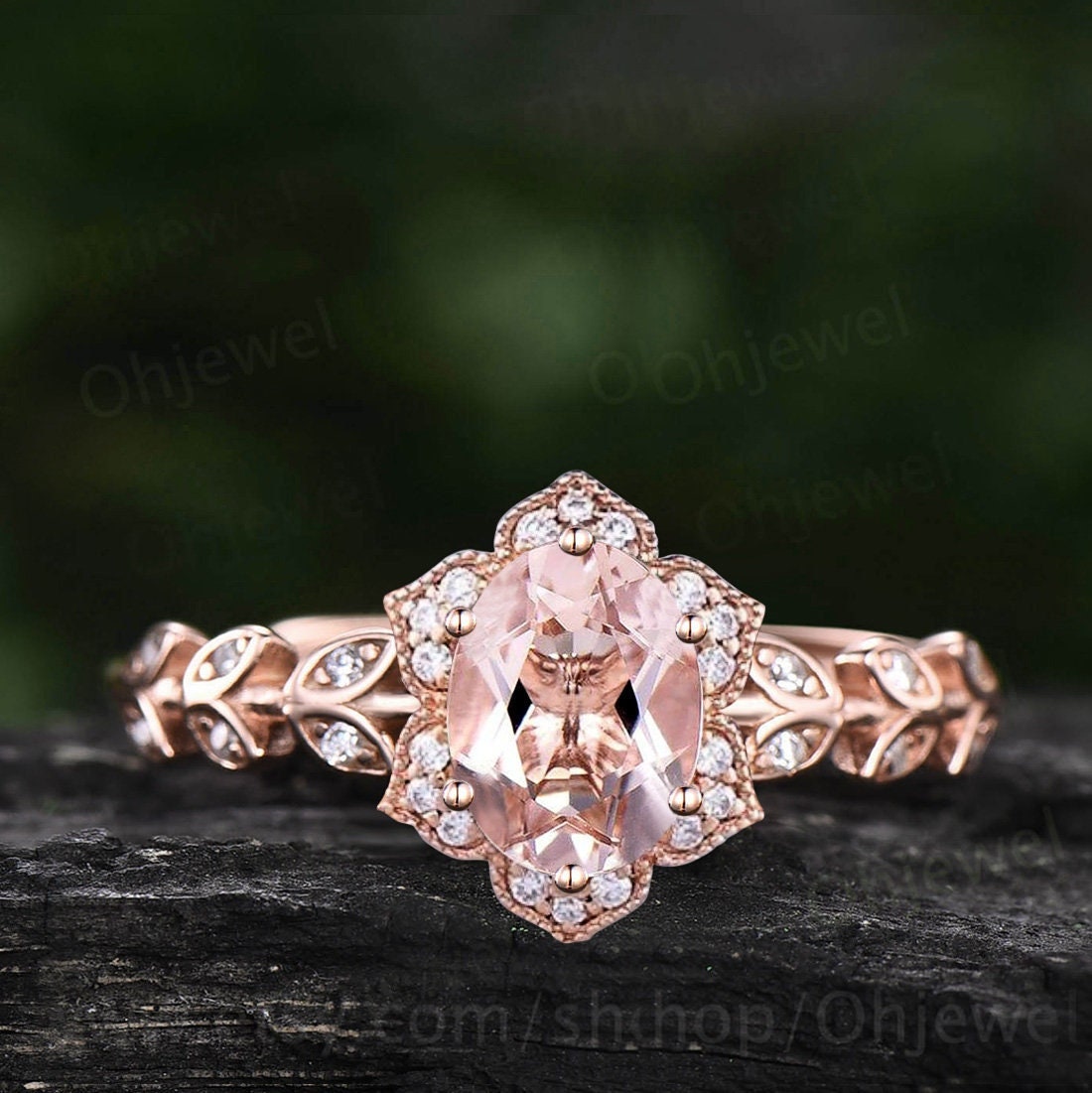 Vintage oval cut morganite engagement ring art deco flower leaf halo diamond ring 14k rose gold unique bridal wedding promise ring women