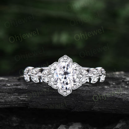 Vintage oval cut moissanite engagement ring art deco Milgrain halo diamond ring solid 14k rose gold unique promise anniversary ring women