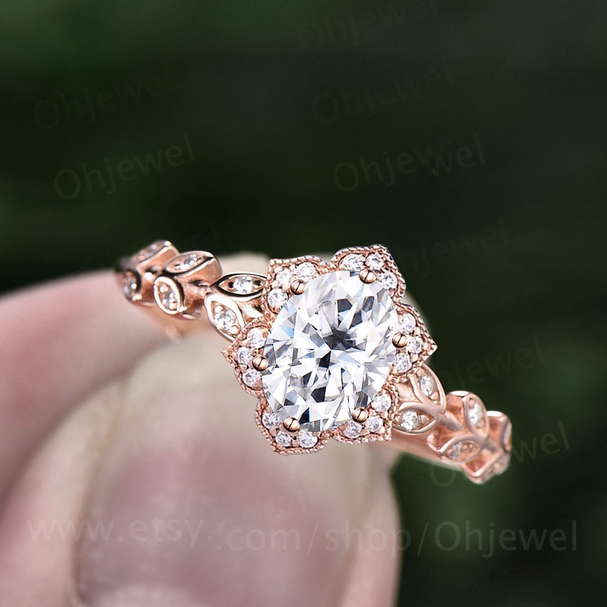 Vintage oval cut moissanite engagement ring art deco Milgrain halo diamond ring solid 14k rose gold unique promise anniversary ring women