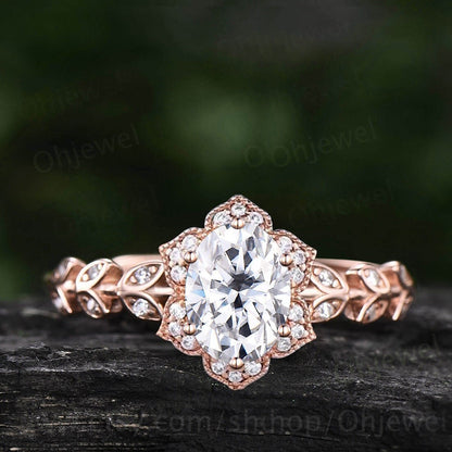 Vintage oval cut moissanite engagement ring art deco Milgrain halo diamond ring solid 14k rose gold unique promise anniversary ring women