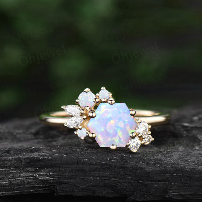 Hexagon cut white opal ring rose gold silver vintage unique opal engagement ring cluster art deco diamond promise wedding ring for women