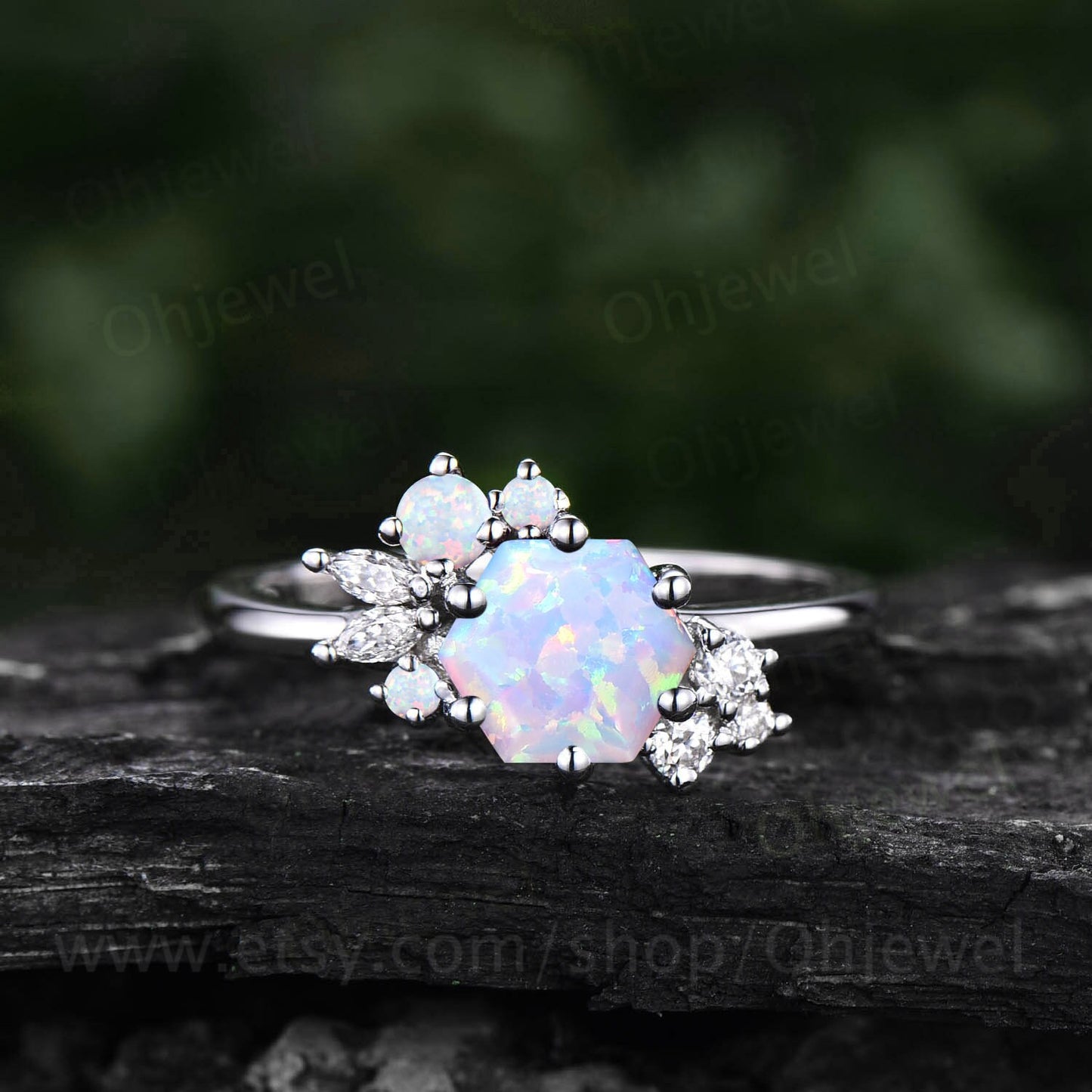 Hexagon cut white opal ring rose gold silver vintage unique opal engagement ring cluster art deco diamond promise wedding ring for women