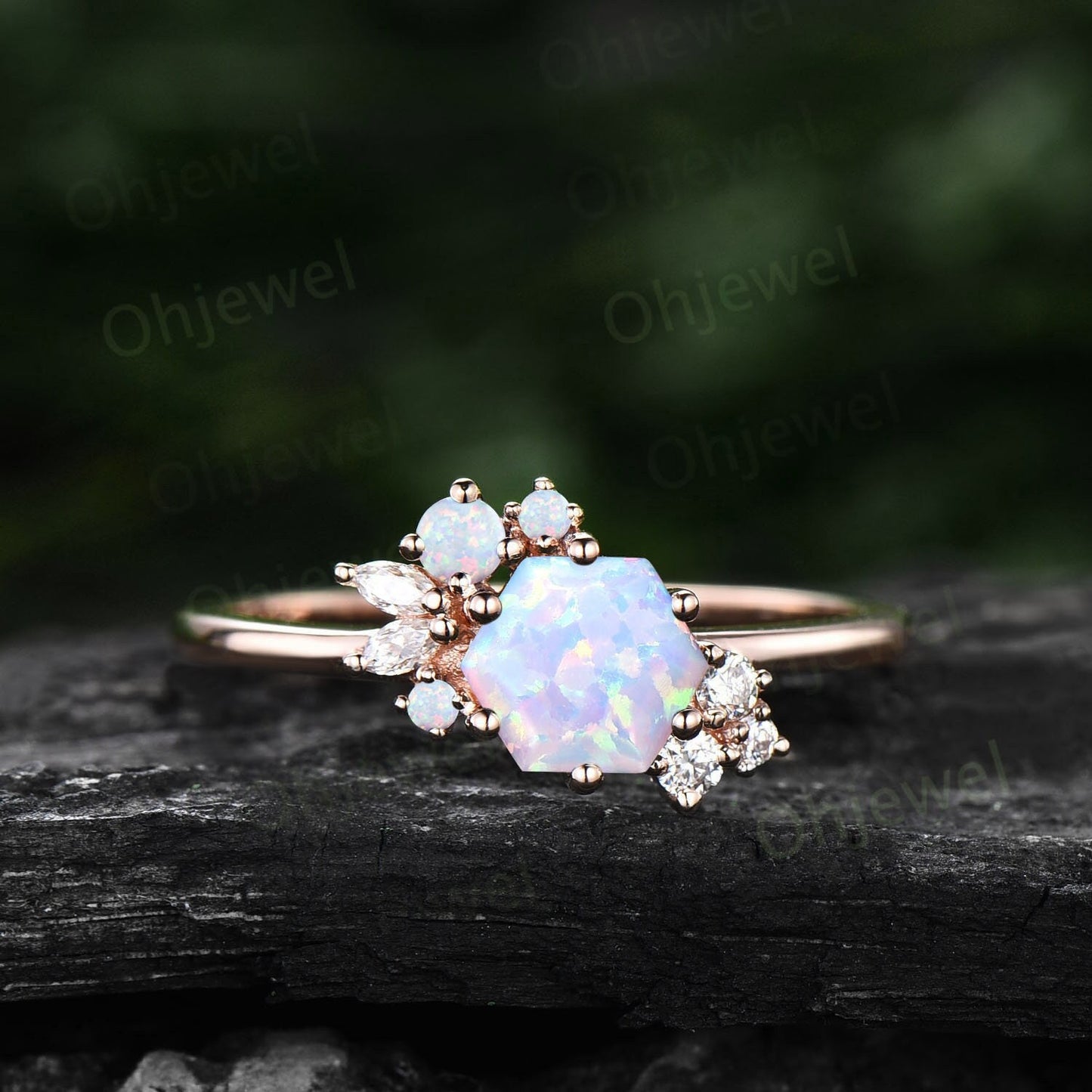 Hexagon cut white opal ring rose gold silver vintage unique opal engagement ring cluster art deco diamond promise wedding ring for women