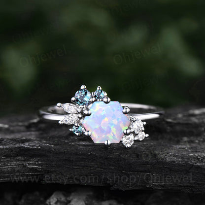 Vintage Hexagon cut white opal engagement ring 14k yellow gold cluster alexandrite marquise cut diamond ring unique anniversary ring gifts