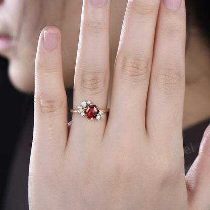 Vintage Hexagon cut red garnet ring engagement ring art deco cluster opal ring rose gold silver 6 prong set marquise diamond ring for women