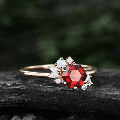 Vintage Hexagon cut red garnet ring engagement ring art deco cluster opal ring rose gold silver 6 prong set marquise diamond ring for women