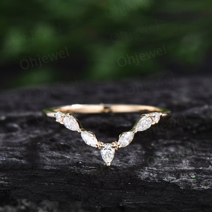 Curved marquise cut diamond wedding band 14k yellow gold pear shaped moissanite wedding ring band stacking unique anniversary ring gift