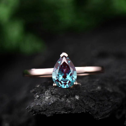 Pear shaped Alexandrite engagement ring solid 14k rose gold vintage unique Solitaire engagement ring dainty anniversary wedding ring women