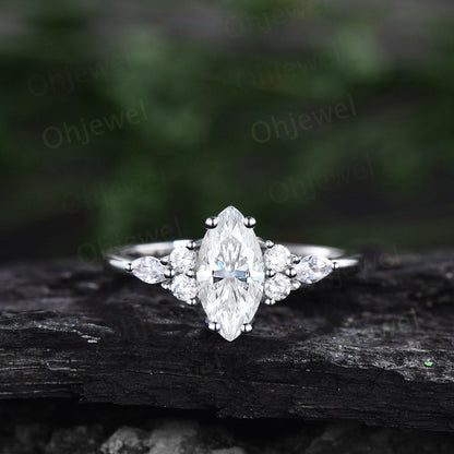 1ct Marquise cut Moissanite engagement ring set 14k white gold silver art deco baguette cut ring unique anniversary promise ring set women