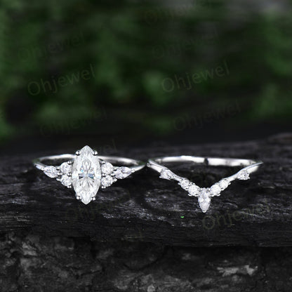 1ct Marquise cut Moissanite engagement ring set 14k white gold silver art deco baguette cut ring unique anniversary promise ring set women