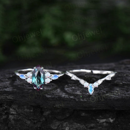 1ct Marquise cut Alexandrite ring vintage unique engagement ring set white gold silver moonstone opal ring baguette moissanite ring women