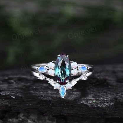 1ct Marquise cut Alexandrite ring vintage unique engagement ring set white gold silver moonstone opal ring baguette moissanite ring women
