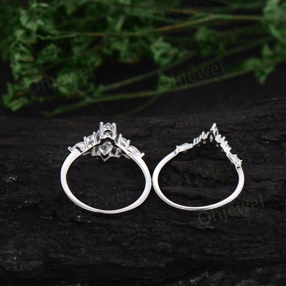 1ct Marquise cut Green moss agate ring vintage unique engagement ring set white gold silver baguette cut moissanite wedding ring set women