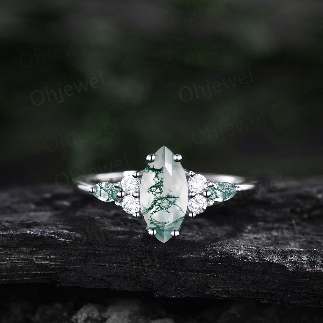 1ct Marquise cut Green moss agate ring vintage unique engagement ring set white gold silver baguette cut moissanite wedding ring set women