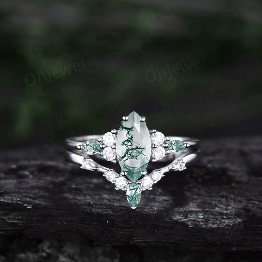 1ct Marquise cut Green moss agate ring vintage unique engagement ring set white gold silver baguette cut moissanite wedding ring set women