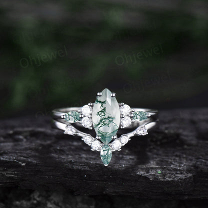 1ct Marquise cut Green moss agate ring vintage unique engagement ring set white gold silver baguette cut moissanite wedding ring set women