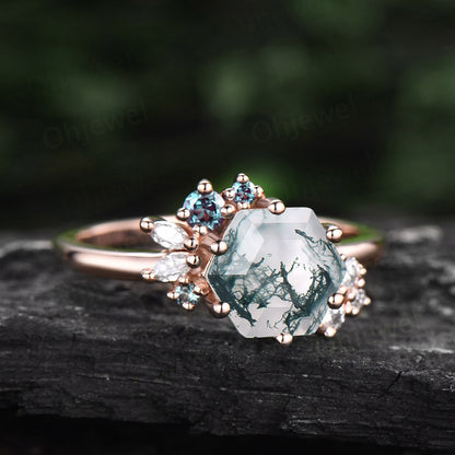 Vintage 7mm Hexagon cut green moss agate engagement ring rose gold marquise unique cluster engagement ring alexandrite diamond ring women