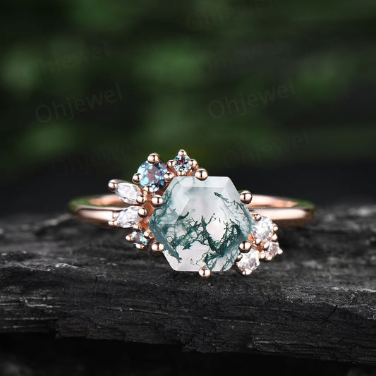 Vintage 7mm Hexagon cut green moss agate engagement ring rose gold marquise unique cluster engagement ring alexandrite diamond ring women