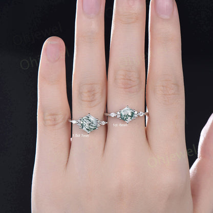 7mm Hexagon cut green moss agate engagement ring white gold 6 prong marquise unique engagement ring for women vintage diamond wedding ring