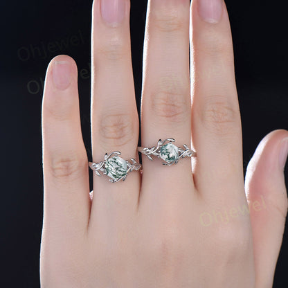 7mm Hexagon cut green moss agate engagement ring white gold leaf alternative nature inspired engagement ring for women promise ring her gift