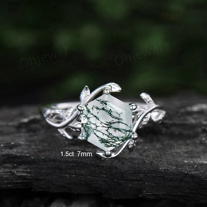 7mm Hexagon cut green moss agate engagement ring white gold leaf alternative nature inspired engagement ring for women promise ring her gift
