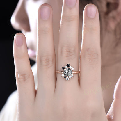 Vintage Hexagon cut black rutilated quartz ring rose gold silver unique cluster engagement ring for women black diamond anniversary ring