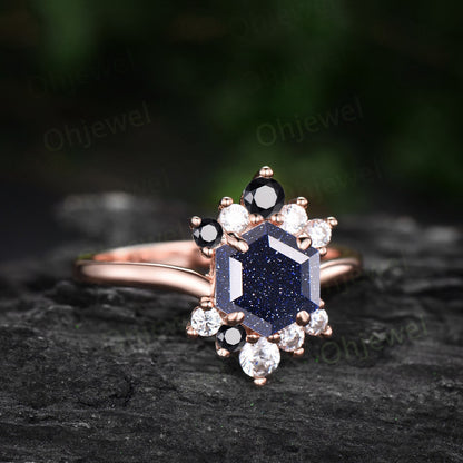 7mm Hexagon cut blue sandstone ring Vintage unique cluster engagement ring women rose gold silver blue goldstone black diamond wedding ring