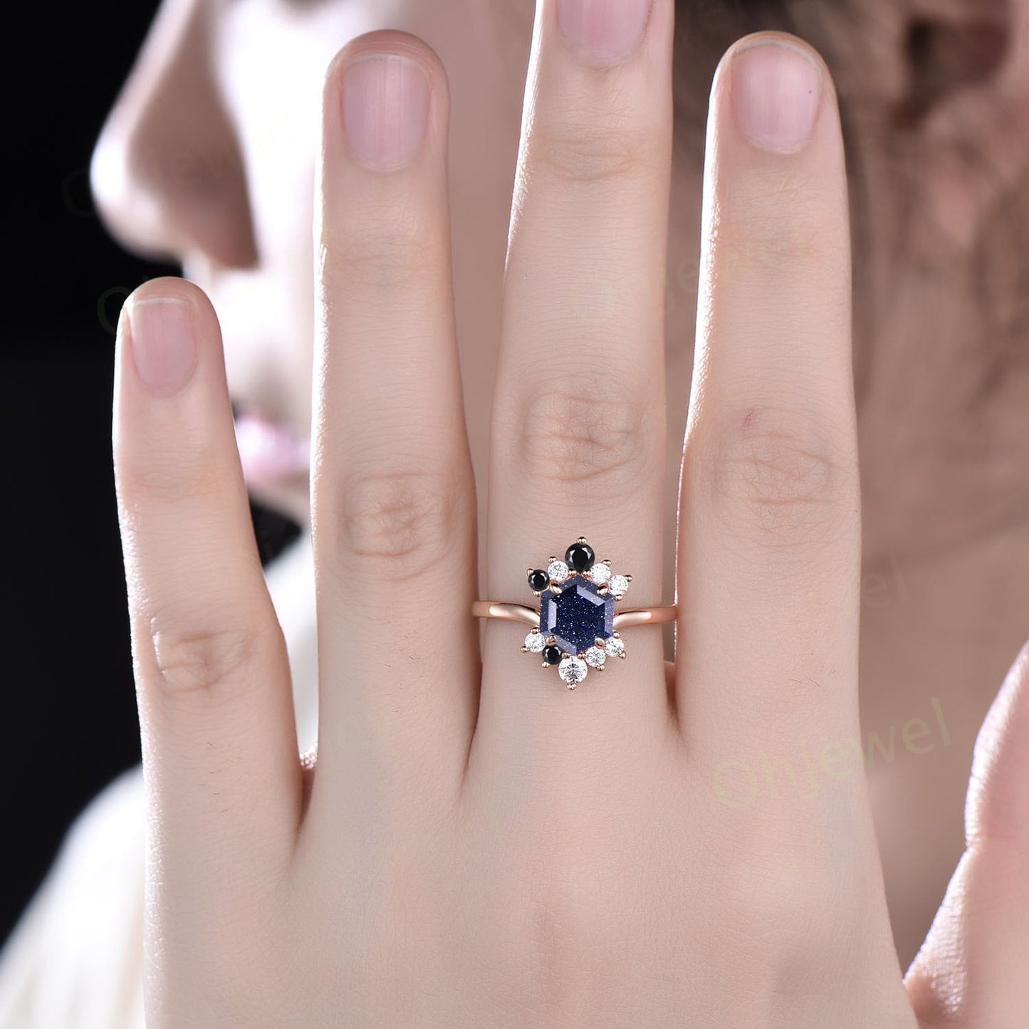 7mm Hexagon cut blue sandstone ring Vintage unique cluster engagement ring women rose gold silver blue goldstone black diamond wedding ring