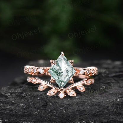 Kite cut green moss agate ring rose gold unique engagement ring set women leafopal ring silver moissanite bridal wedding promise ring set