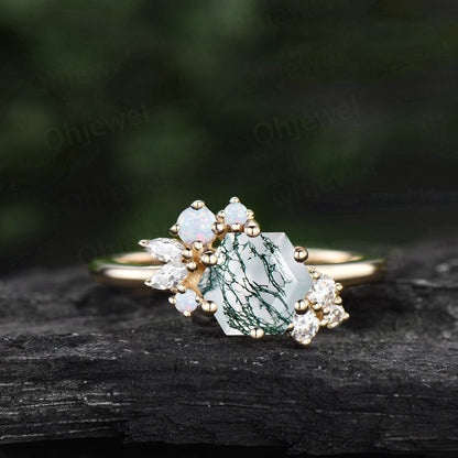 1ct Hexagon cut green moss agate ring solid 14k white gold sterling silver cluster opal ring marquise cut diamond engagement ring women gift