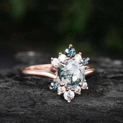 7mm Hexagon cut green moss agate ring rose gold vintage unique engagement ring for women cluster diamond alexandrite ring silver wedding