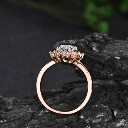 7mm Hexagon cut green moss agate ring rose gold vintage unique engagement ring for women cluster diamond alexandrite ring silver wedding