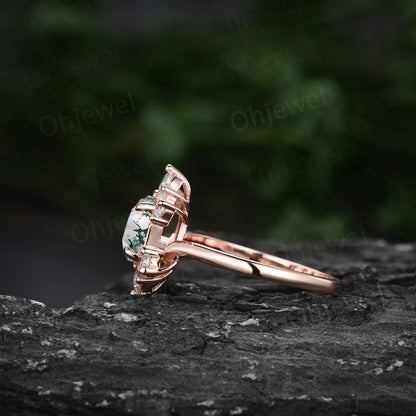 7mm Hexagon cut green moss agate ring rose gold vintage unique engagement ring for women cluster diamond alexandrite ring silver wedding