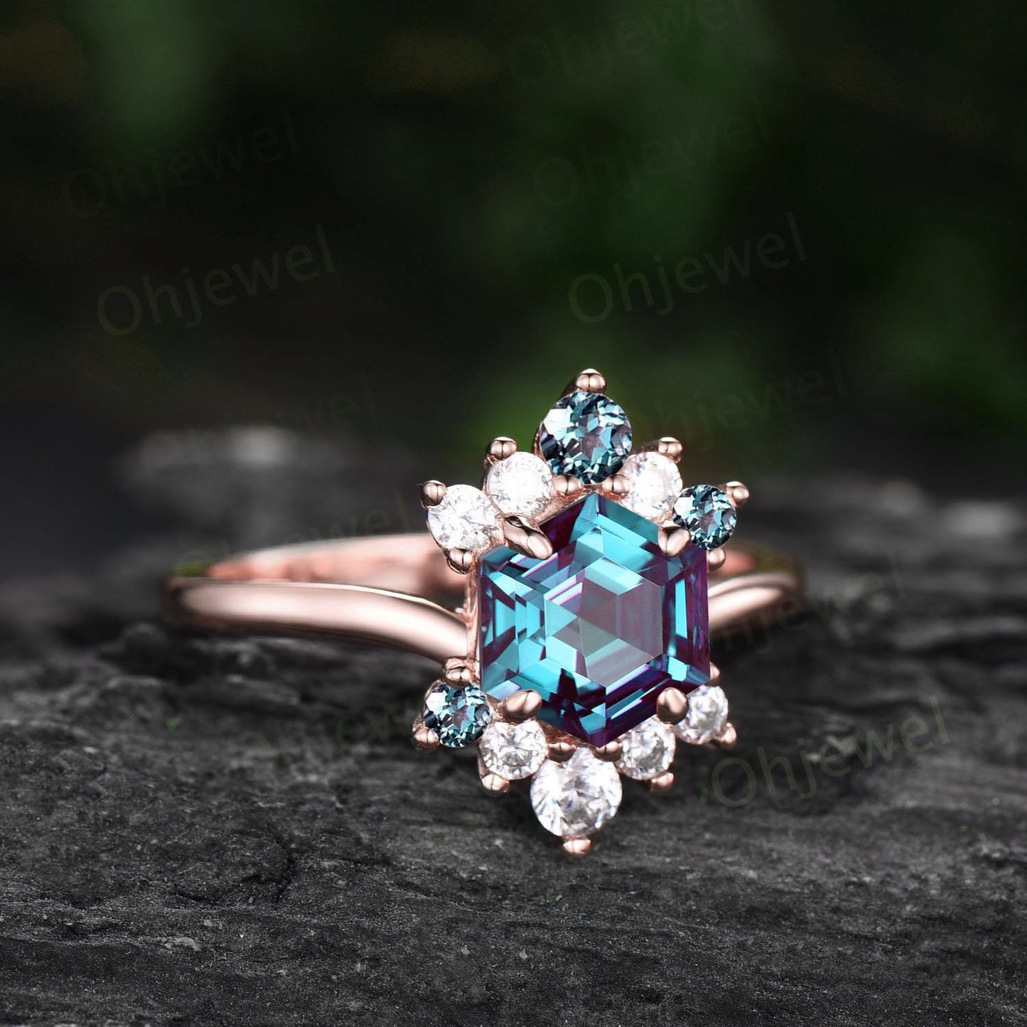 7mm Hexagon cut alexandrite ring rose gold vintage unique engagement ring for women unique diamond ring cluster moissanite promise ring her