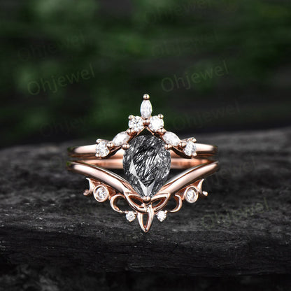 Pear shaped black rutilated quartz ring rose gold vintage cluster unique engagement ring art deco diamond promise wedding ring set for women