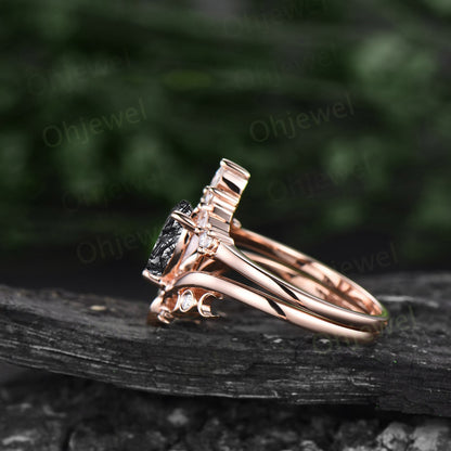 Pear shaped black rutilated quartz ring rose gold vintage cluster unique engagement ring art deco diamond promise wedding ring set for women