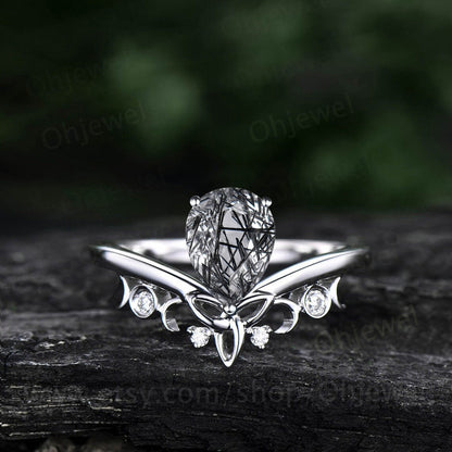 Pear shaped black rutilated quartz ring rose gold vintage cluster unique engagement ring art deco diamond promise wedding ring set for women