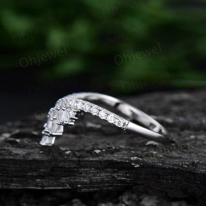 Vintage baguette cut moissanite wedding band 14k white gold half eternity crown curved V shaped wedding ring band women anniversary ring